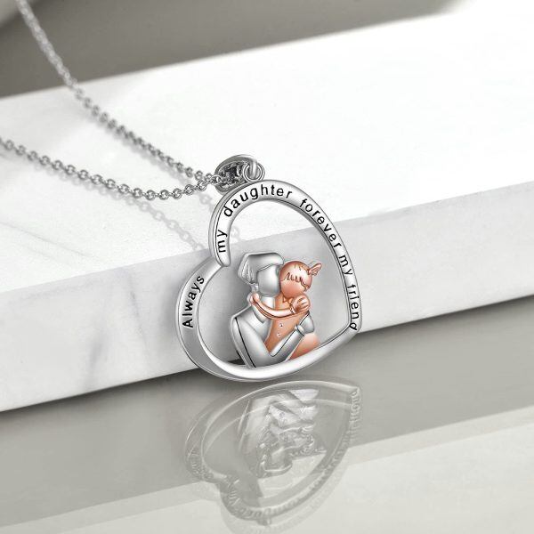 Sterling Silver Two Tone Color Father and Daughter Heart Pendant Necklace-2