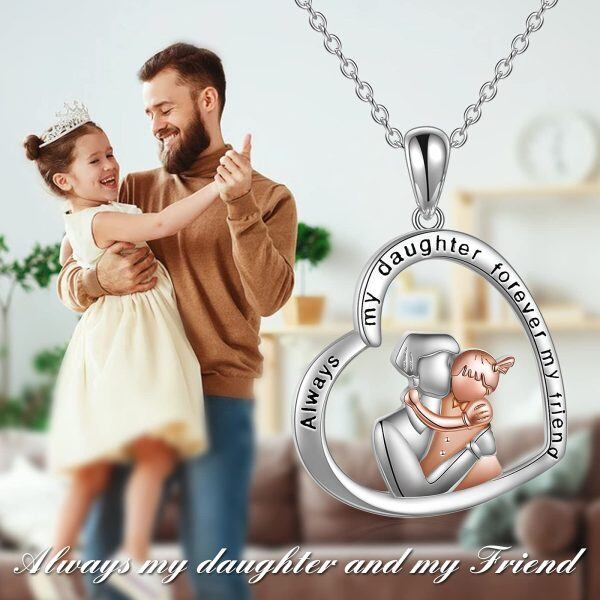 Sterling Silver Two Tone Color Father and Daughter Heart Pendant Necklace-4