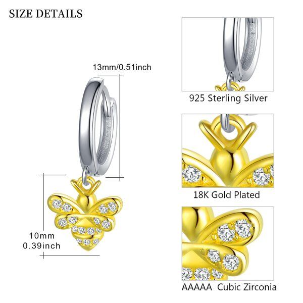 Sterling Sliver Zircon Two Tone Color Bee Huggie Hoop Earrings-2