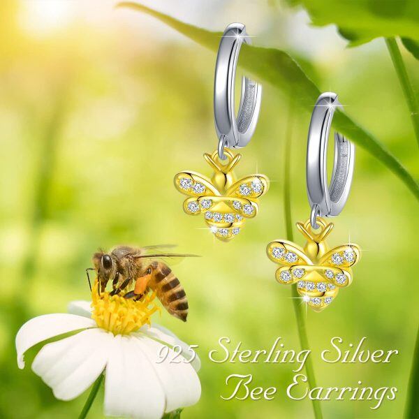 Sterling Sliver Zircon Two Tone Color Bee Huggie Hoop Earrings-5