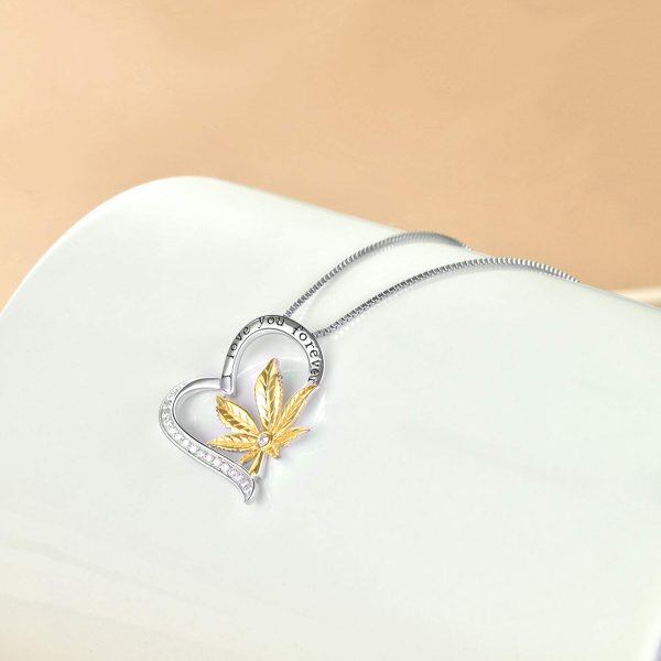 Sterling Silver Zircon Rhodium And Gold Plated Maple Leaf Necklace-1