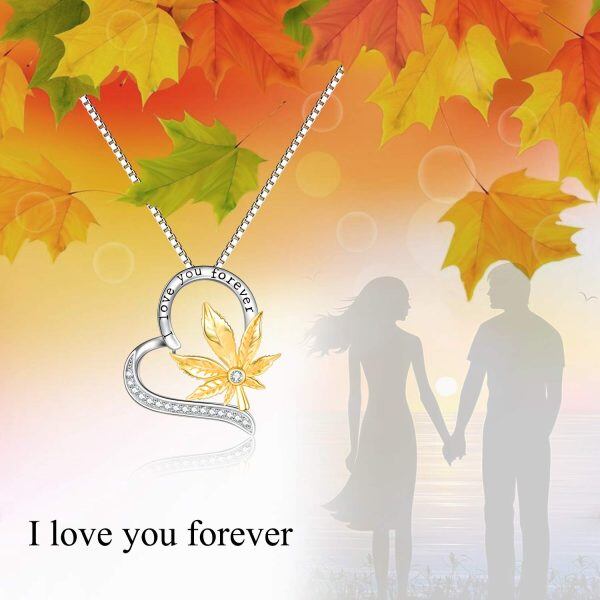 Sterling Silver Zircon Rhodium And Gold Plated Maple Leaf Necklace-5