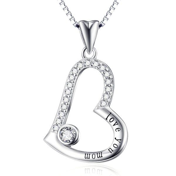 Sterling Silver Zircon Sliver Plated Love You Mom Love Heart Pendant Necklace-0