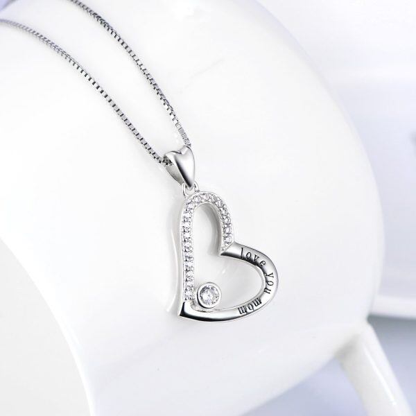 Sterling Silver Zircon Sliver Plated Love You Mom Love Heart Pendant Necklace-3