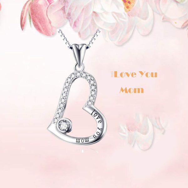 Sterling Silver Zircon Sliver Plated Love You Mom Love Heart Pendant Necklace-4