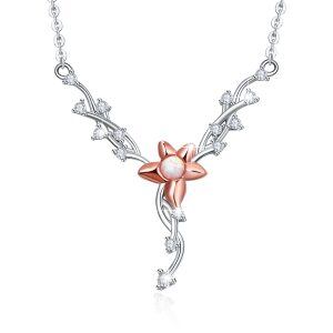 Sterling Silver Opal and Zircon Sliver Plated Floral Vine Pendant Necklaces-0