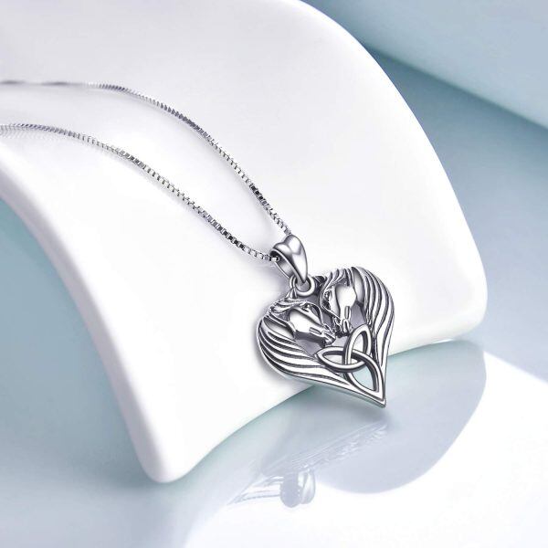 Sterling Silver Oxidized Celtic Knot Love Heart Horse Head Pendant Necklace-4