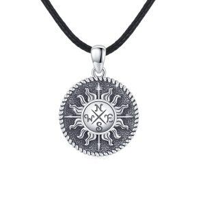 Sterling Silver Oxidated Compass Circle Pendant Necklace-0