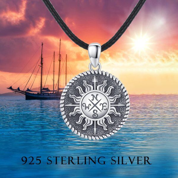 Sterling Silver Oxidated Compass Circle Pendant Necklace-4