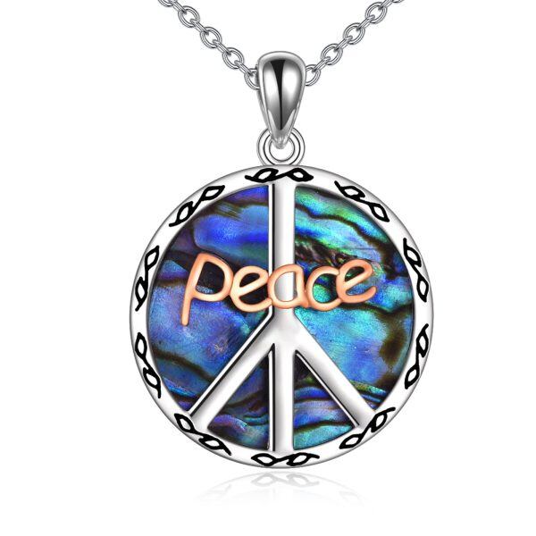 Sterling Silver Abalone Shell Sliver Plated Peace Sign Pendant Necklace -0