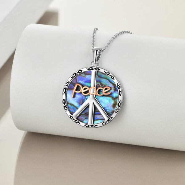 Sterling Silver Abalone Shell Sliver Plated Peace Sign Pendant Necklace -2