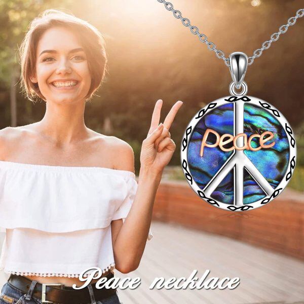 Sterling Silver Abalone Shell Sliver Plated Peace Sign Pendant Necklace -5