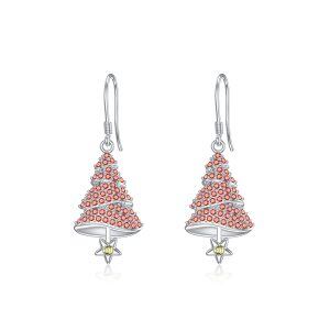 Sterling Silver Zircon Sliver Plated Tree Dangle Hook Xmas Earrings-0