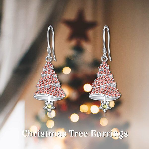 Sterling Silver Zircon Sliver Plated Tree Dangle Hook Xmas Earrings-1