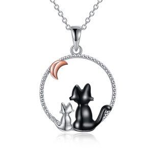 Sterling Silver Two Tone Color Moon Cat Pendant Necklace-0