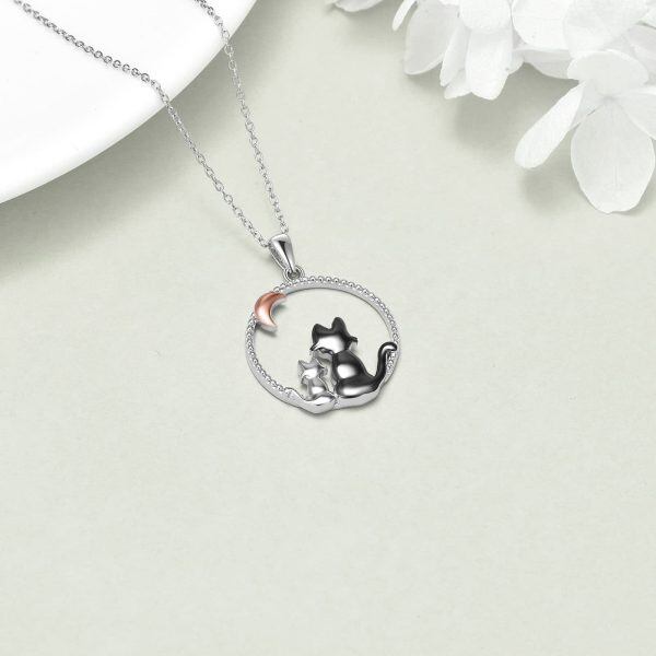 Sterling Silver Two Tone Color Moon Cat Pendant Necklace-4