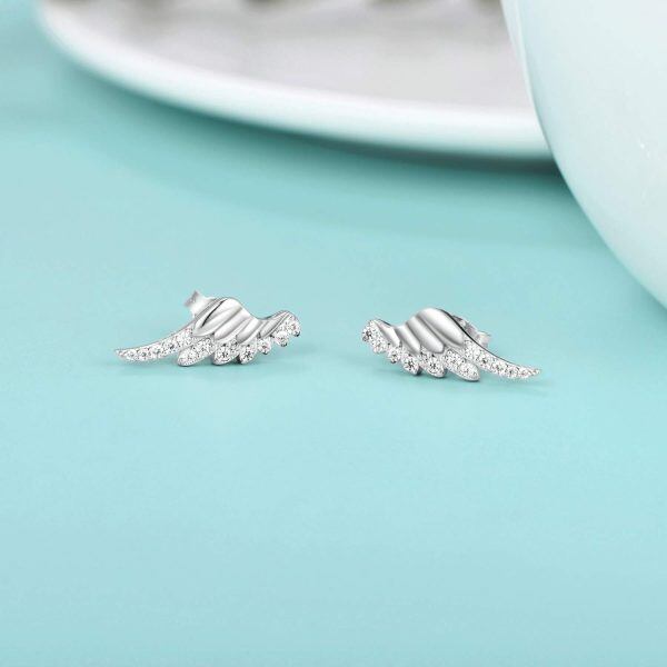 Sterling Silver Zircon Sliver Plated Angel Wing Stud Earrings -2