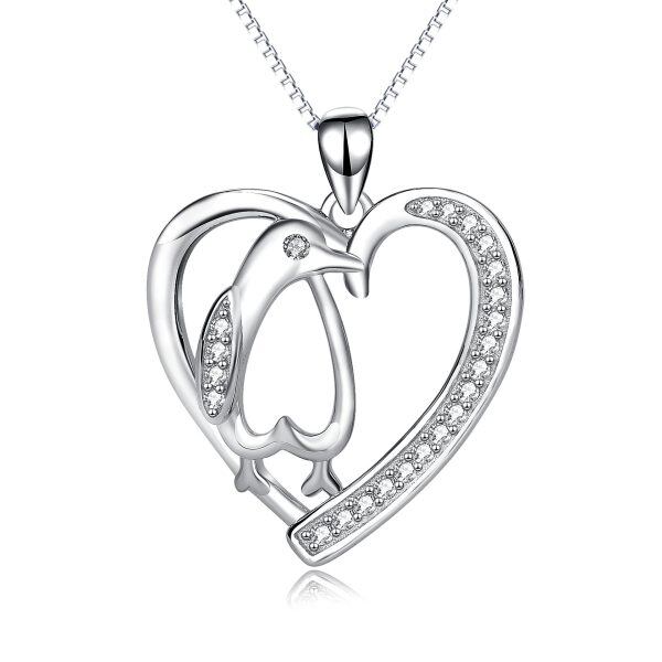 Sterling Silver Zircon Heart Shape Penguin Pendent Necklace-0