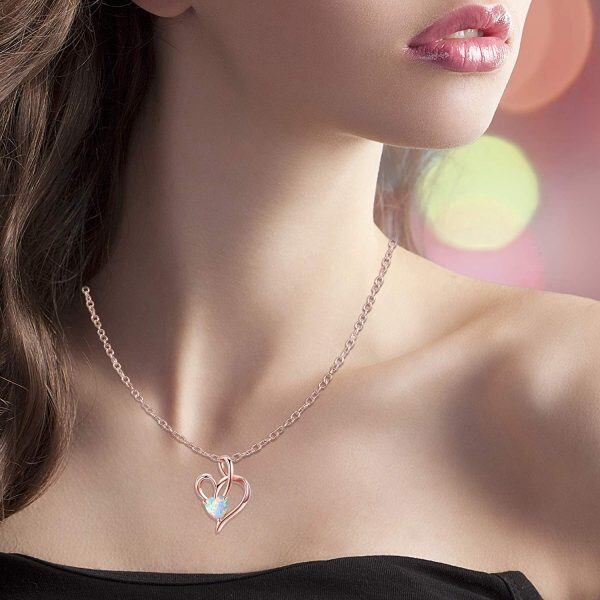 Sterling Silver Opal Rose Gold Plated Love Heart Pendant Necklace-3