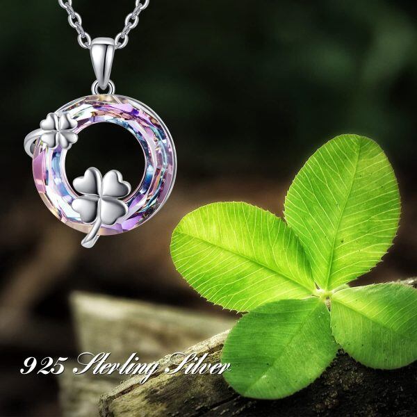 Sterling Silver Crystal Sliver Plated Four Leaf Clover Pendant Necklace-3