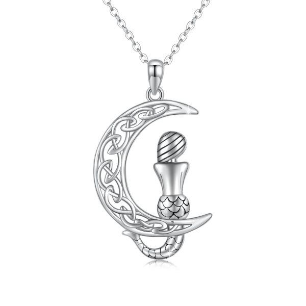 Sterling Silver Rhodium Plated Celtic Moon Mermaid Necklace-0