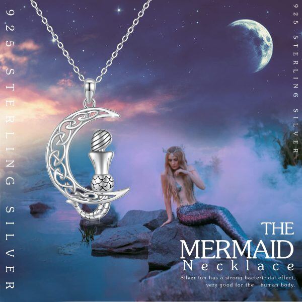 Sterling Silver Rhodium Plated Celtic Moon Mermaid Necklace-5