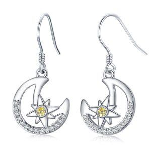 Sterling Silver Zircon Sliver Plated Moon Star Dangle Drop Earrings-0