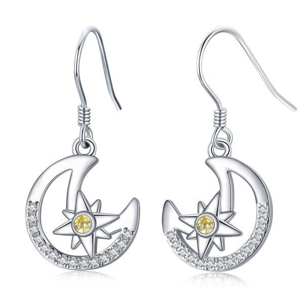 Sterling Silver Zircon Sliver Plated Moon Star Dangle Drop Earrings-0