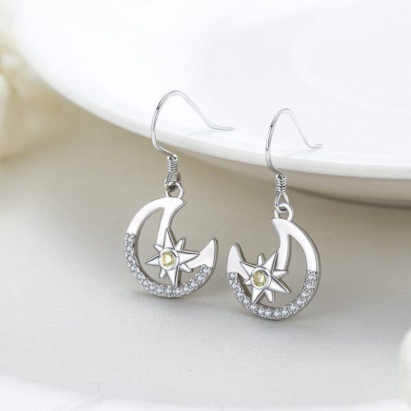 Sterling Silver Zircon Sliver Plated Moon Star Dangle Drop Earrings-1