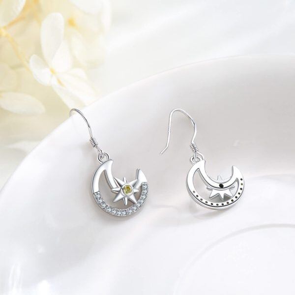 Sterling Silver Zircon Sliver Plated Moon Star Dangle Drop Earrings-2