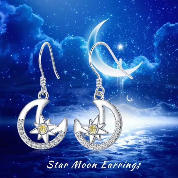 Sterling Silver Zircon Sliver Plated Moon Star Dangle Drop Earrings-5