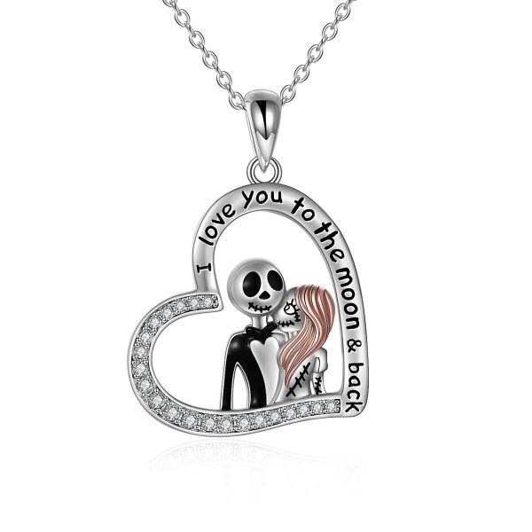 Sterling Silver Zircon Two Tone Skull Love Heart Pendant Necklace -0