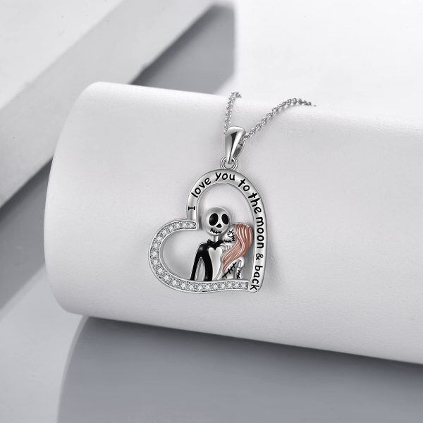 Sterling Silver Zircon Two Tone Skull Love Heart Pendant Necklace -1