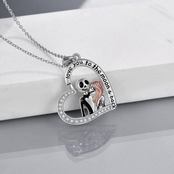 Sterling Silver Zircon Two Tone Skull Love Heart Pendant Necklace -2