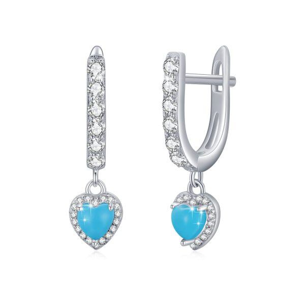 Sterling Silver Turquoise and Zircon Sliver Plated Heart Dangle Huggie Earrings-0