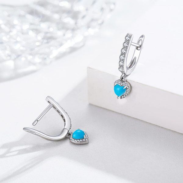 Sterling Silver Turquoise and Zircon Sliver Plated Heart Dangle Huggie Earrings-1