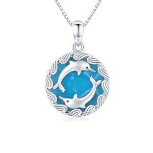 Sterling Silver Created Amazonite Sliver Plated Blue Dolphins Round Pendant Necklace-0