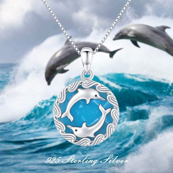 Sterling Silver Created Amazonite Sliver Plated Blue Dolphins Round Pendant Necklace-1