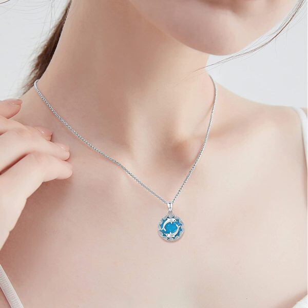 Sterling Silver Created Amazonite Sliver Plated Blue Dolphins Round Pendant Necklace-2