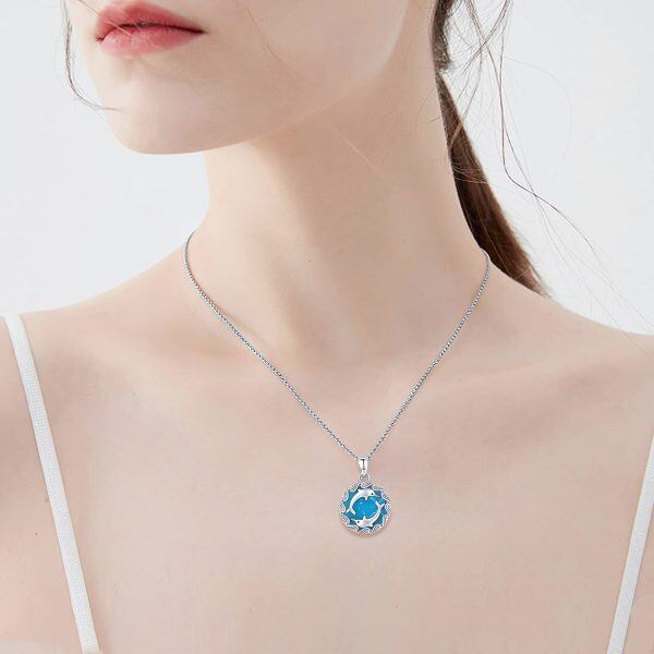 Sterling Silver Created Amazonite Sliver Plated Blue Dolphins Round Pendant Necklace-3