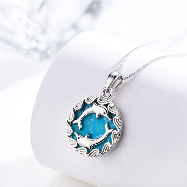 Sterling Silver Created Amazonite Sliver Plated Blue Dolphins Round Pendant Necklace-4