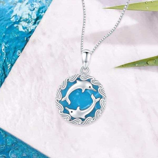 Sterling Silver Created Amazonite Sliver Plated Blue Dolphins Round Pendant Necklace-5