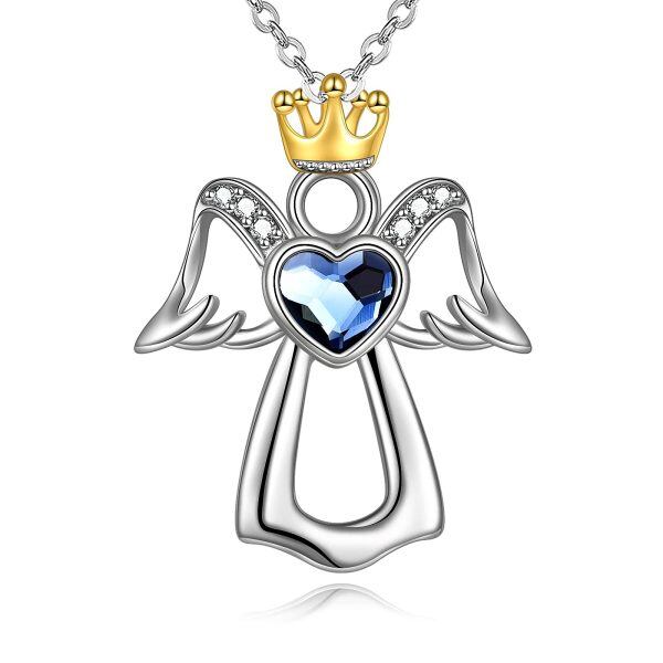 Sterling Silver Crystal and Zircon Two Tone Color Guardian Angel Pendant Necklaces-0