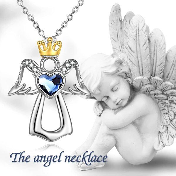 Sterling Silver Crystal and Zircon Two Tone Color Guardian Angel Pendant Necklaces-1