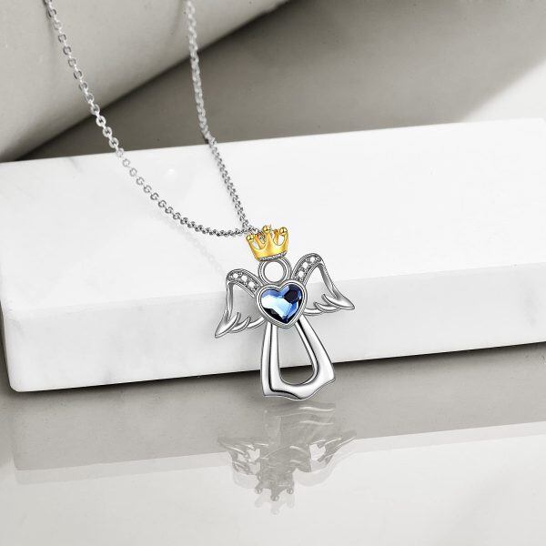 Sterling Silver Crystal and Zircon Two Tone Color Guardian Angel Pendant Necklaces-4