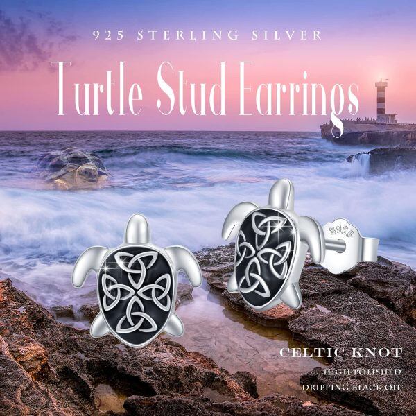 Sterling Silver Rhodium Plated Celtic Turtle Earrings-5