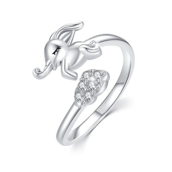 Sterling Silver Zircon Sliver Plated Elephant Adjustable Ring-0