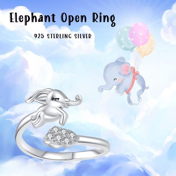 Sterling Silver Zircon Sliver Plated Elephant Adjustable Ring-4