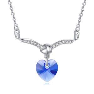 Sterling Silver Blue Crystal Sliver Plated Heart Pendent Necklace -0