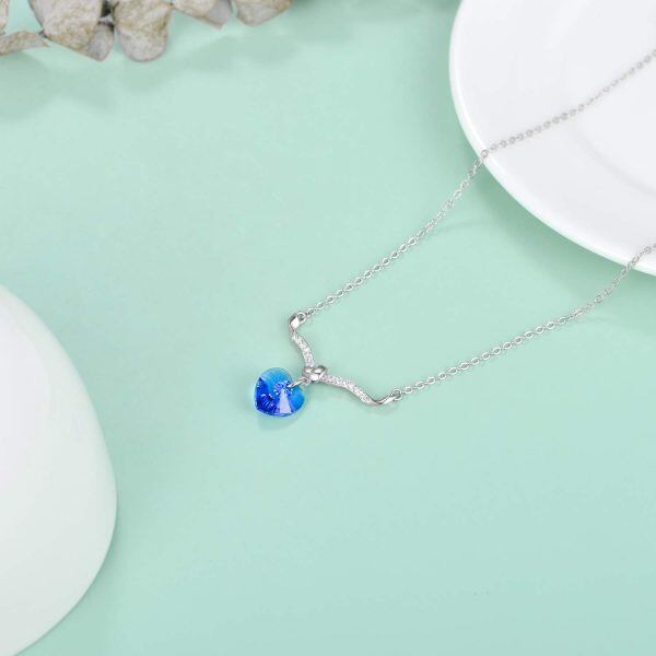 Sterling Silver Blue Crystal Sliver Plated Heart Pendent Necklace -2